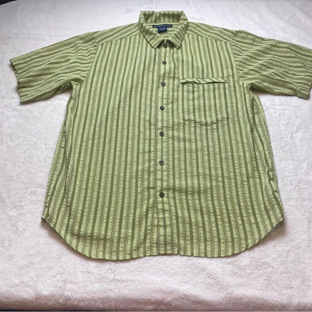 Exofficio Green Striped Short Sleeve Button Down Shirt Size Large